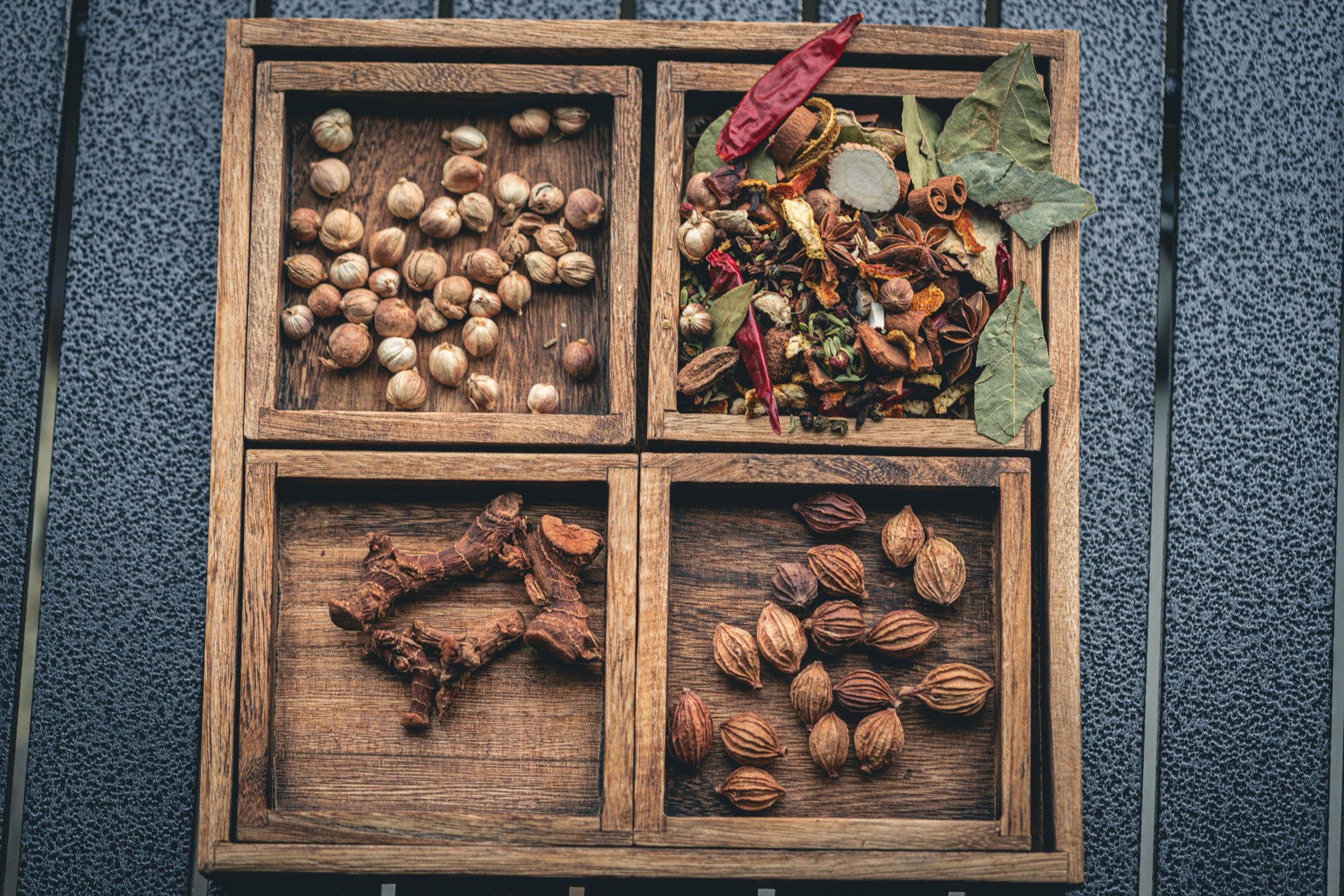 Spices in wooden box