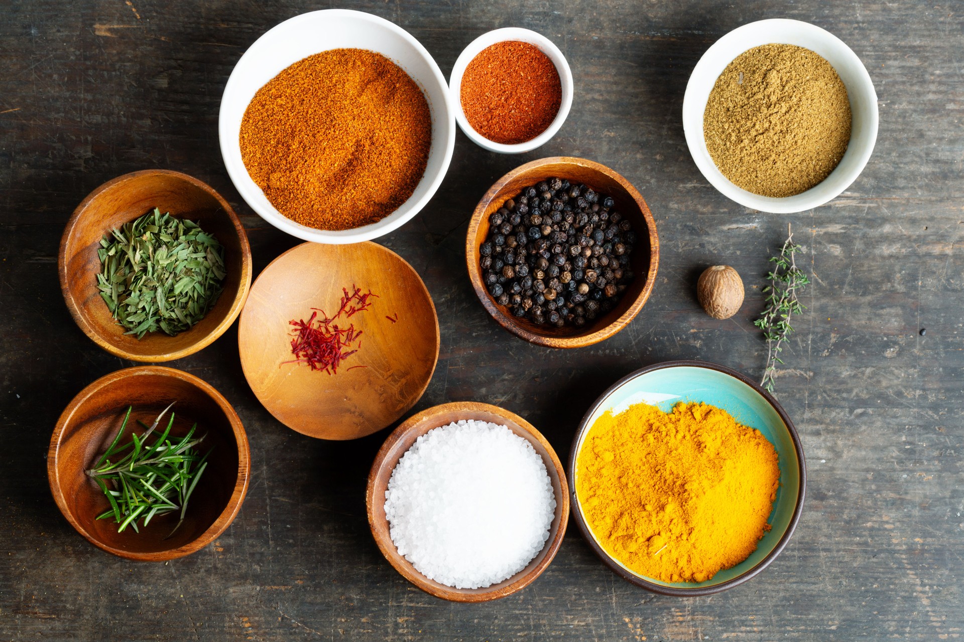 bowls with various spices and herbs